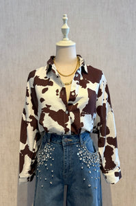 Cow Print Button Blouse