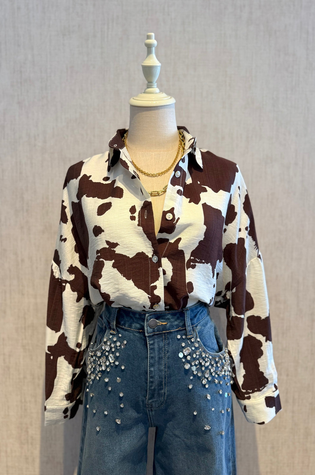 Cow Print Button Blouse