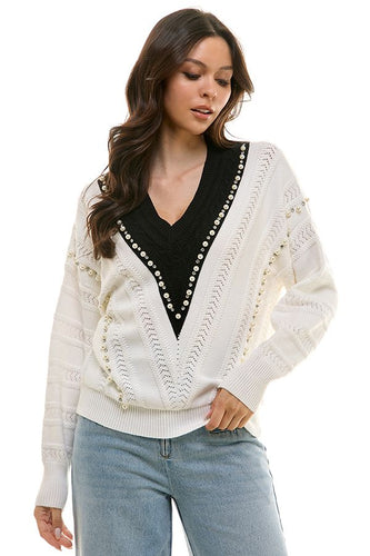 V Neck Contrast Pearl Sweater