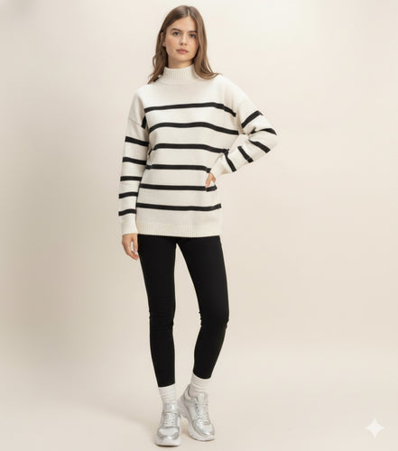 High Neck Striped Sweater