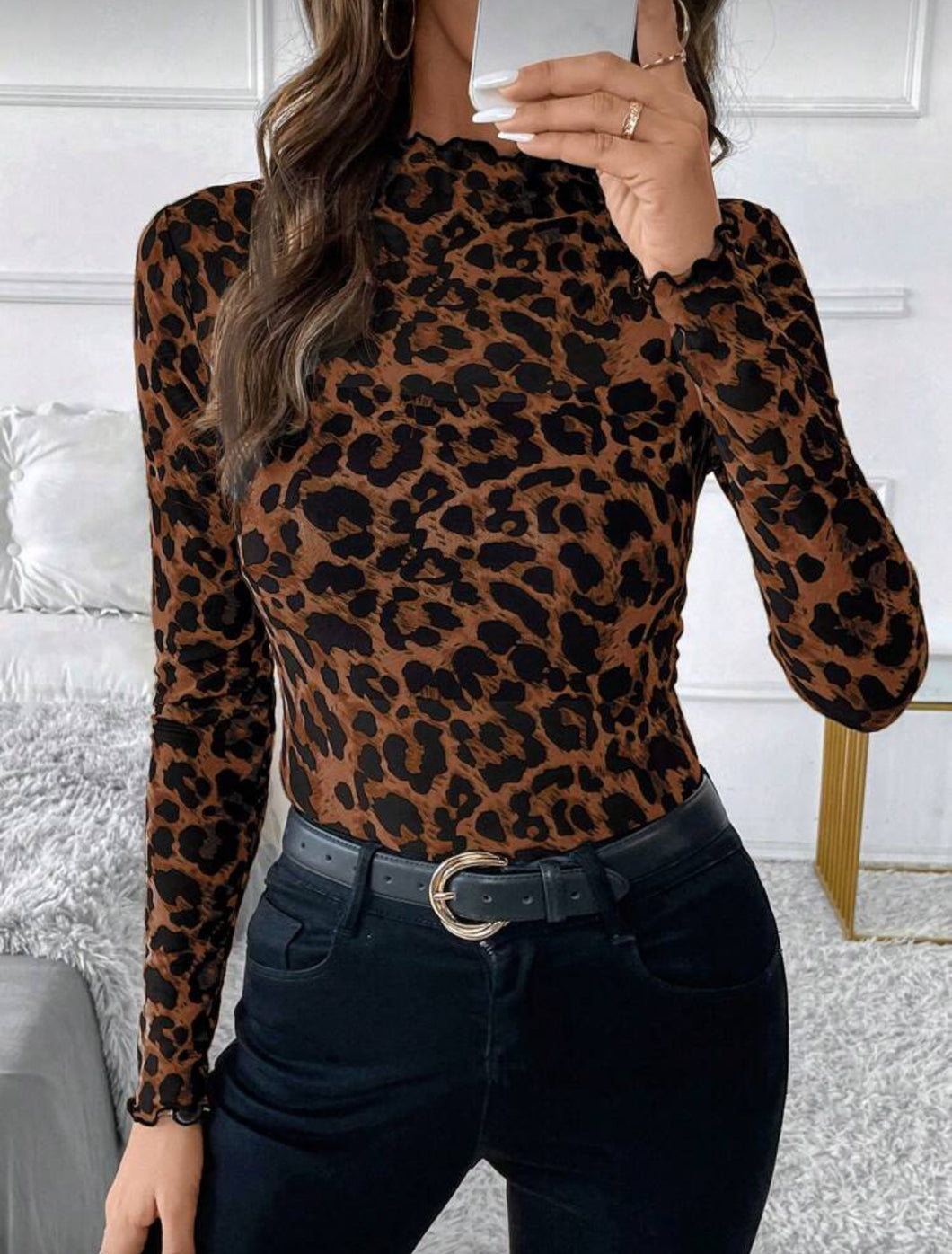 Print Mesh Long Sleeve Blouse