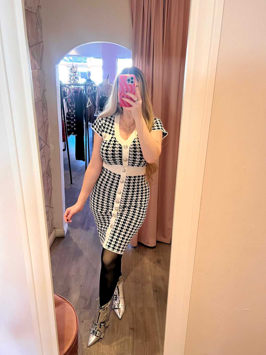 Houndstooth Button Dress